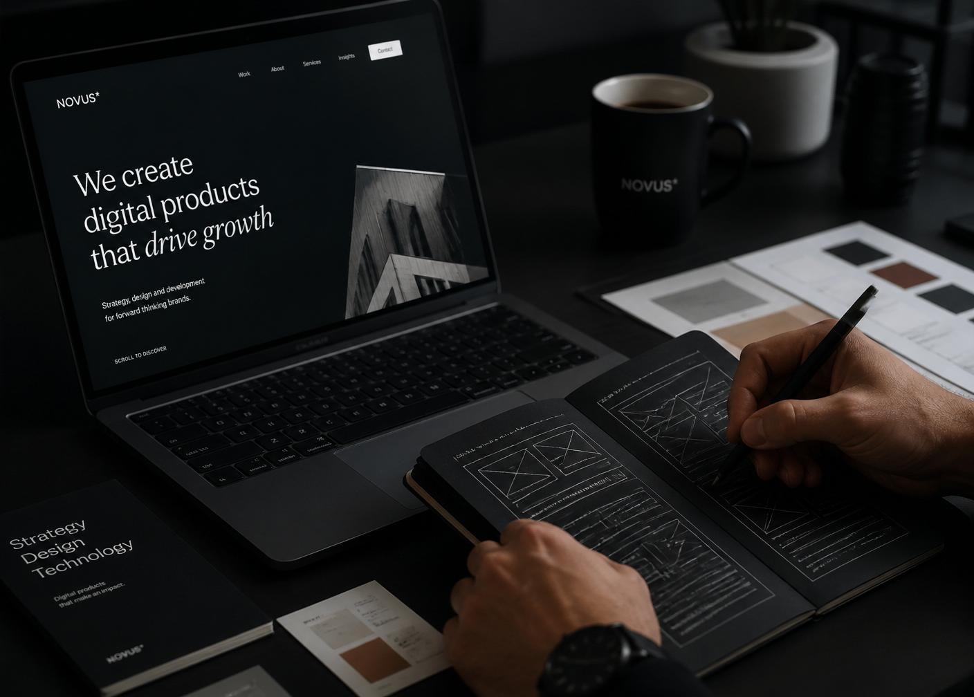 Designer sketching wireframes next to a laptop showing an AIDOIDO website design